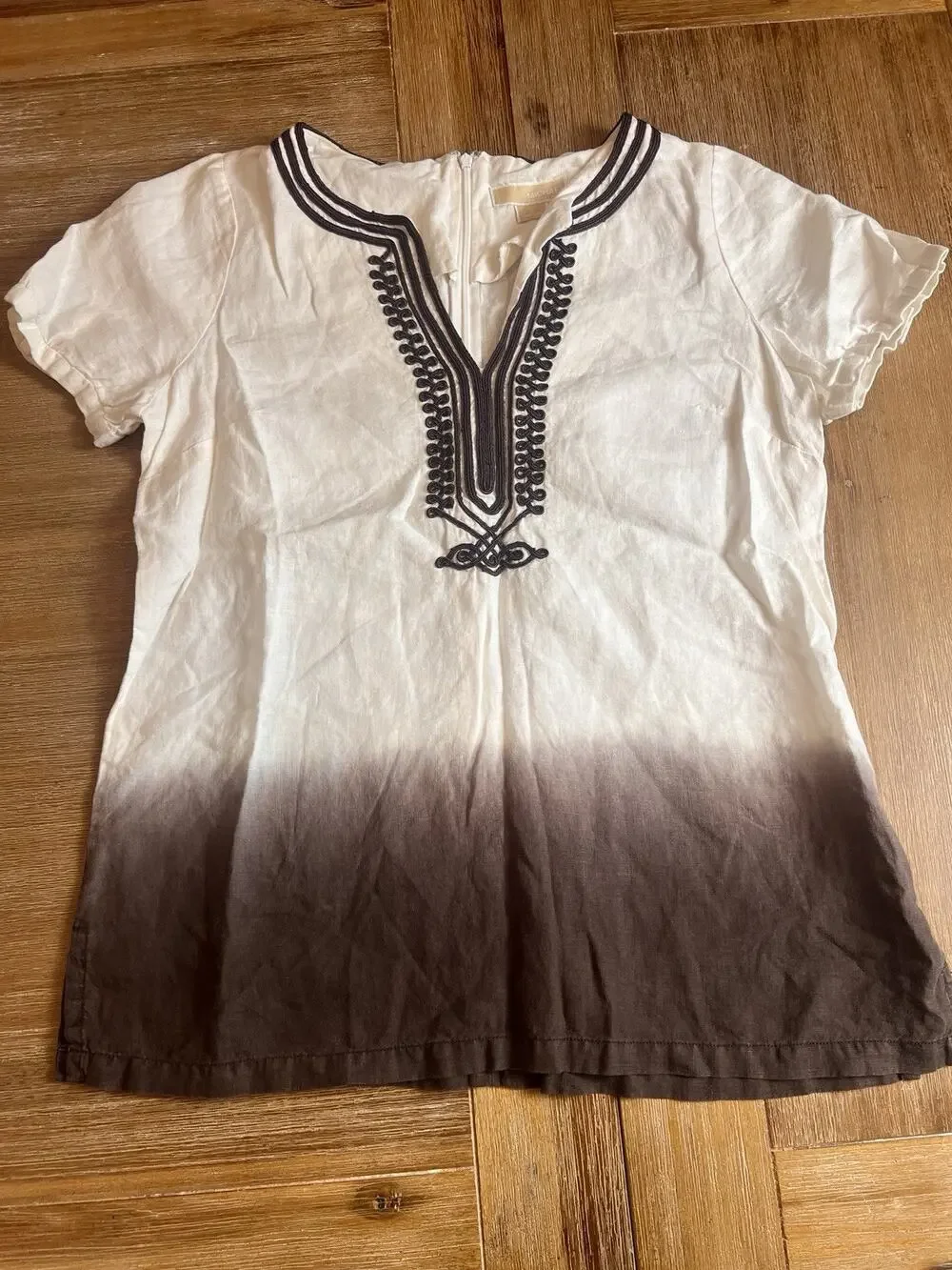 Michael Kors Linen Blend Embroidered Tunic Top Size 10 White Ombre Brown Boho
